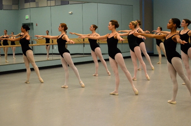 Ballet dancers pictured in studio class
